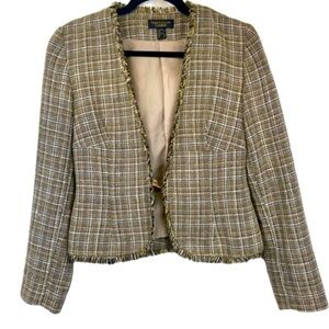 Louben Vintage Cotton Blend Tweed Cropped Blazer Jacket Raw Trim Size 6 Light